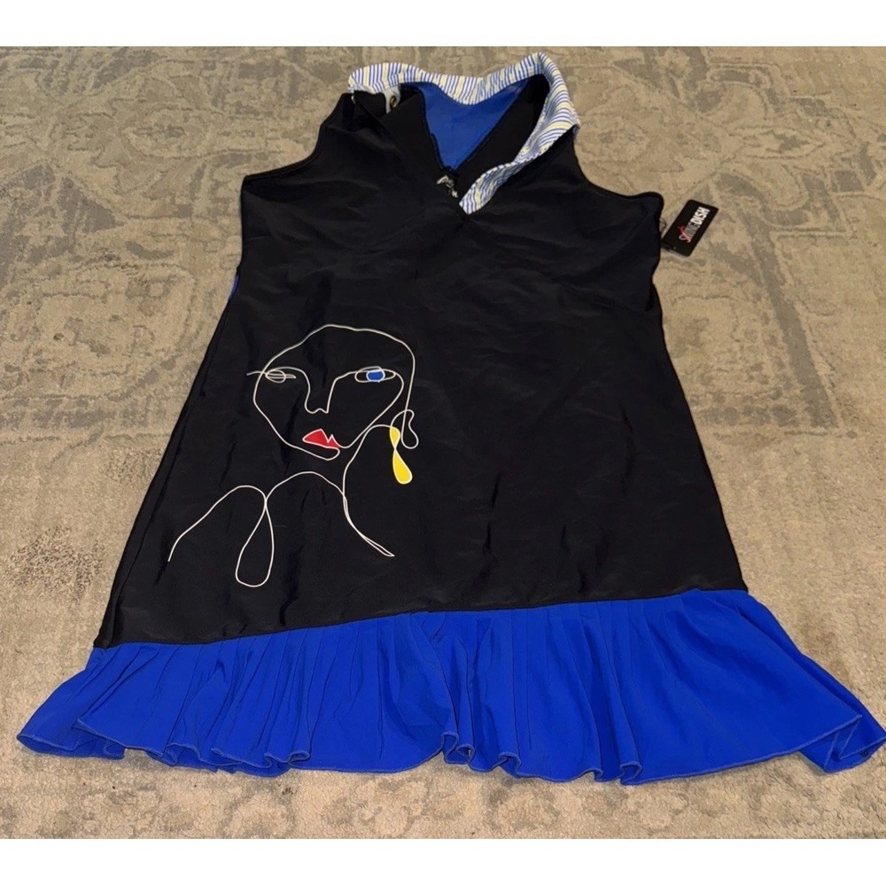 Swingdish Women's Sz Medium Black Blue Golf V Neck‎ Dress Art Deco Pleated New